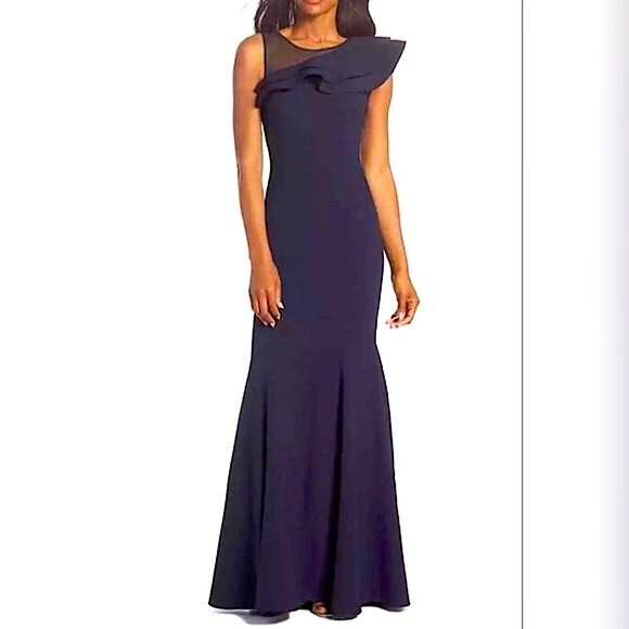 Eliza J. Navy Blue One Shoulder Illusion Ruffle Mermaid Gown Size 6 - Picture 12 of 14